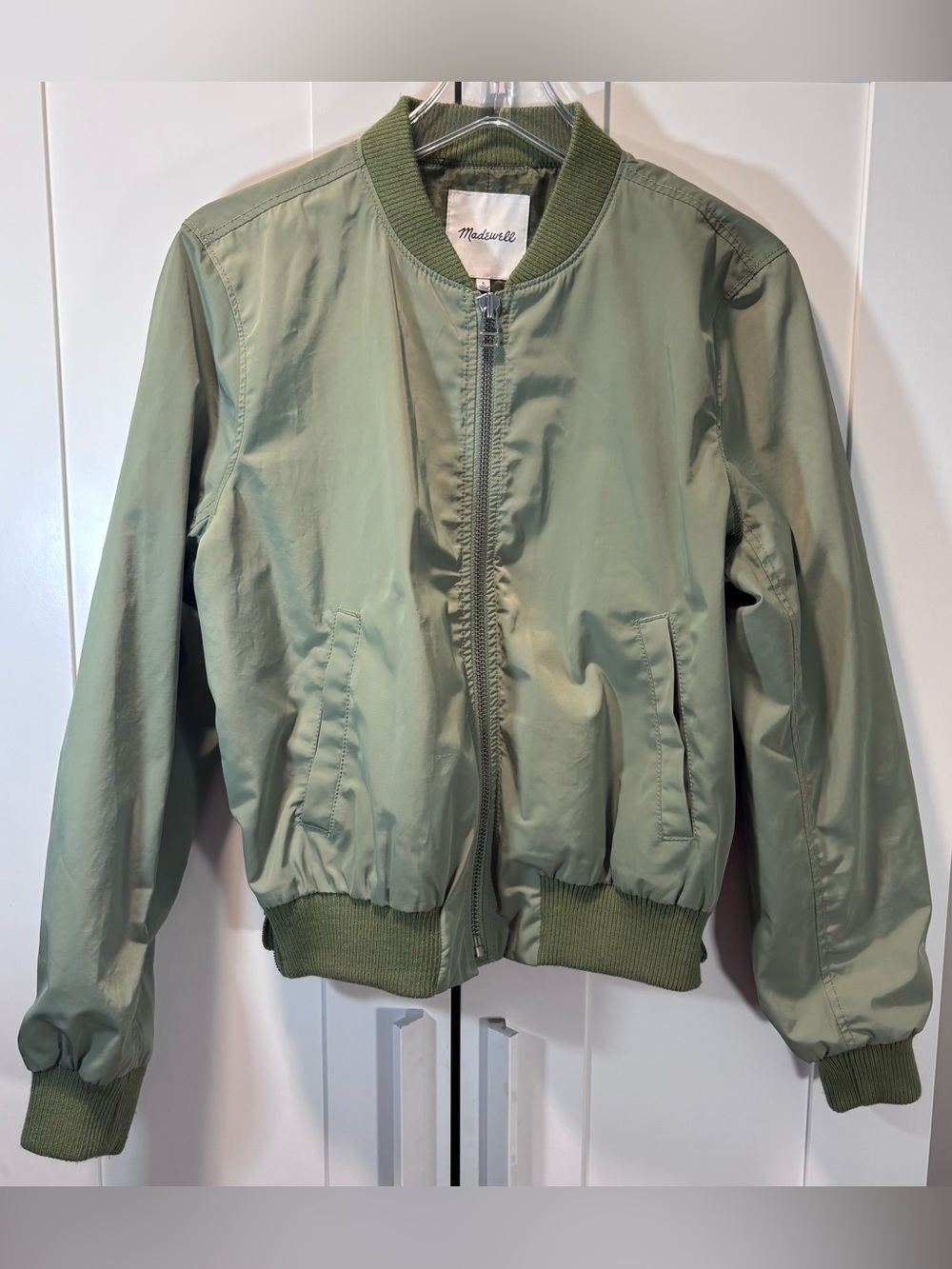 Madewell Womens L Green Bomber Jacket Full Zip Lightweight Ribbed Cuffs Pockets